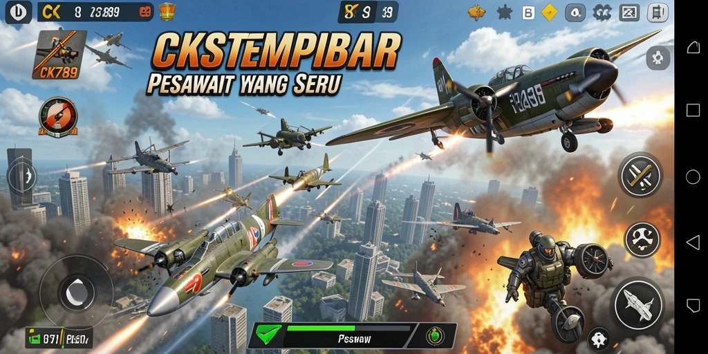 Screenshot CK789 menampilkan aksi pertempuran pesawat yang mendebarkan.